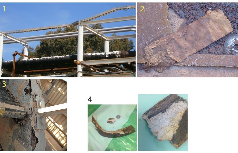 Examples of manufactured ACM products. 1. Black asphalt wrapping containing chrysotile asbestos. 2. Asbestos tape used to join metal sheets in a thickener. 3. Damaged corrosion-inhibiting coating that contains asbestos. 4 Damaged gasket from filter made with asbestos.