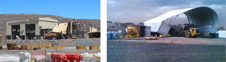 Building and temporary structure damage following severe storm events. Left. Collapse of heavy mobile plant workshop roof. Right. Overturned container shelter.