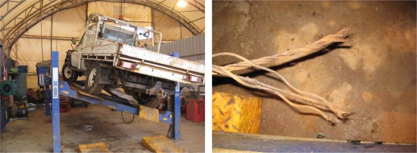 (L) Example showing a four-post hoist with failed equaliser cable. (R) Example of a failed equaliser cable.