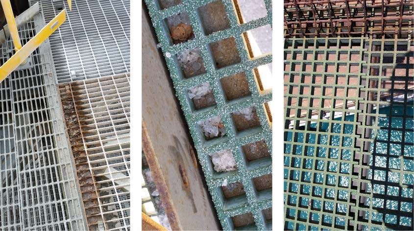 1. Corroded load bars at support 2. Grating trapping corrosive material against the steel support 3. Grating trimmed with insufficient end bearing on support