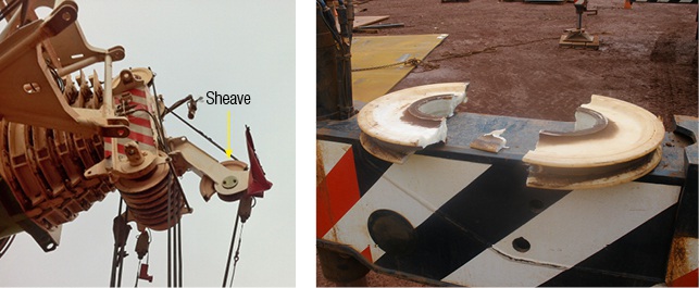 Damage to nylon head sheave. Right. Half of the failed sheave for the auxiliary hook remained in place. Left. Sheave sections recovered after the incident.