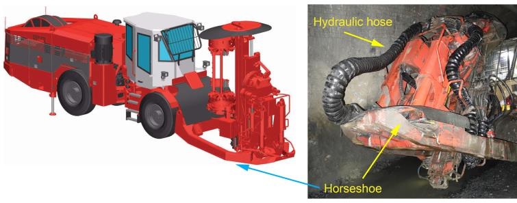 Long-hole drill rig showing the position of the horseshoe and hydraulic hoses.