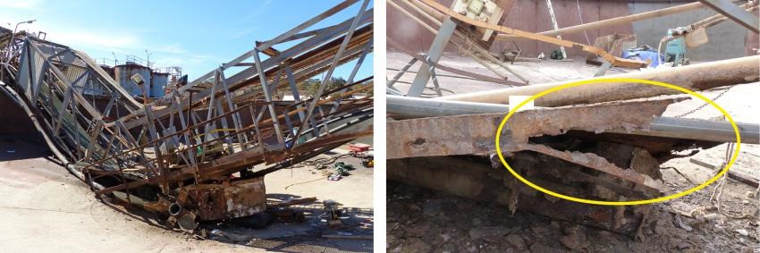L. Gantry bridge that failed and collapsed onto the thickener floor. R. Corroded structural steel angle.. 