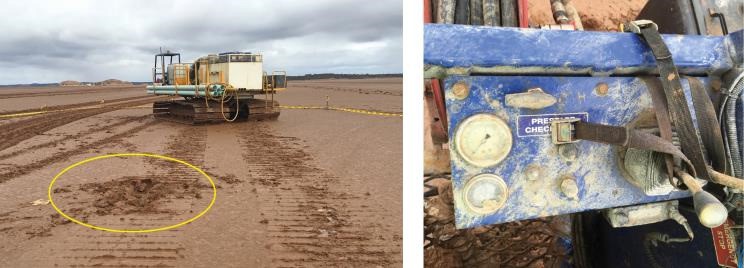L. Vehicle track marks and indentation where the offsider was pushed into the soft ground. R. Straps used to hold both control levers in the forward moving position.