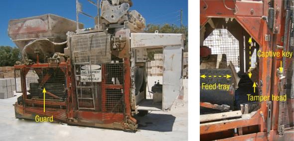 L: Block-making machine showing the safety guard that was opened. R: Area between the feed tray and tamper head, dashed arrows indicate direction of movement. Captive key in guard’s interlock unit.