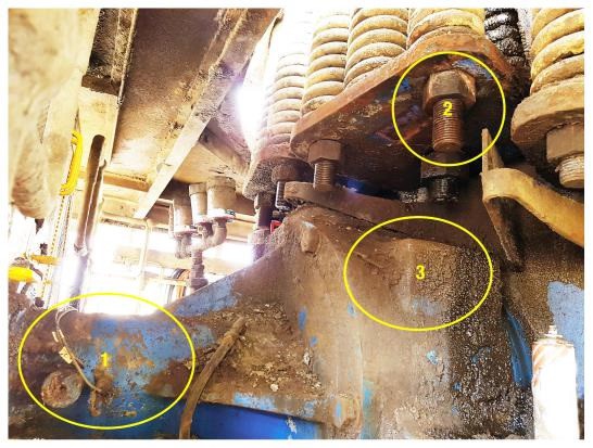 1. Countershaft the fitter was straddling. 2. Nut that was being un-tensioned. 3. Countershaft ledge on which the ram and steel plates was positioned.