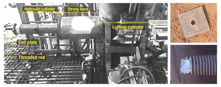 L. Picture from the specialist contractor’s safe work procedure illustrating the set-up of the implement. R. Ejected end plate (top) and failed threaded rod (below).