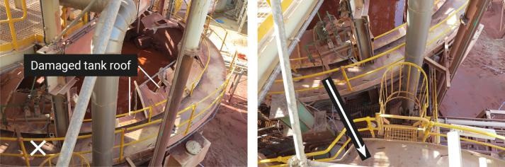 Failed tank L damage to tank roof; cross indicates where the process technician was standing prior to tank failure. R arrow indicates the escape path taken by the process technician over the handrails using the actuator. Note the slurry (at ground level) in foreground of pictures.