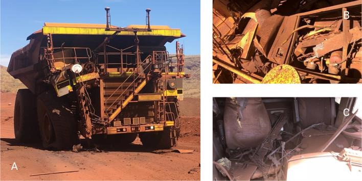 Autonomous truck struck by lightning A exterior and structural damage B extensive damage to deck and associated equipment C interior of truck's cabin