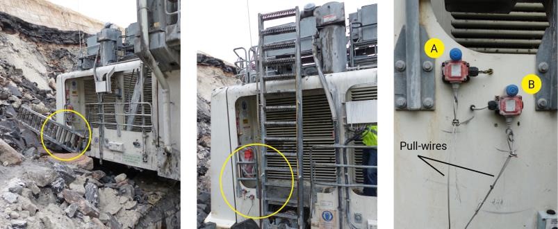 Circles indicate where the accident happened showing the ladder in the final (L) and upright (M) positions with the handrail, platform and emergency shutdown (A) and ladder (B) switches (R)
