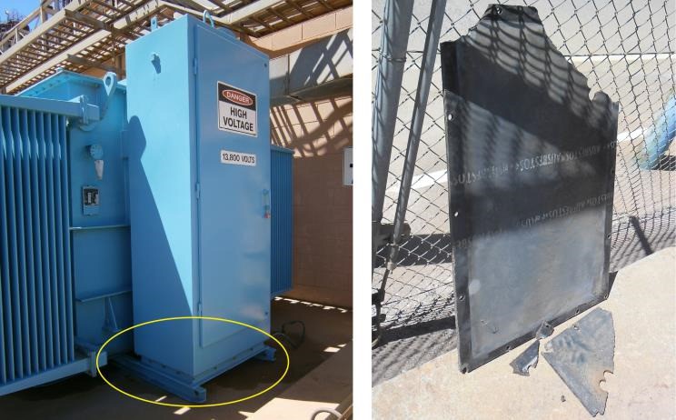 L high-voltage transformer, indicating where the gland plate was located on the inside base of the transformer’s junction box. R damaged gland plate