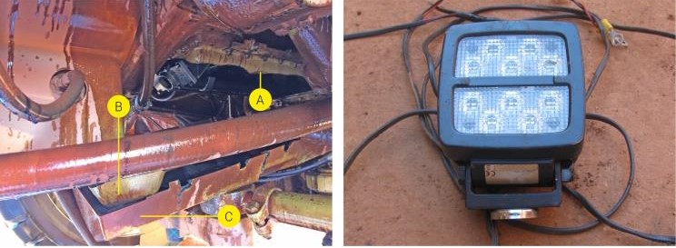 L sump damage, showing the failed sump (A) and the sump remnant (B) that had fallen down into the sump cover (C). R LED lamp used to illuminate the work area