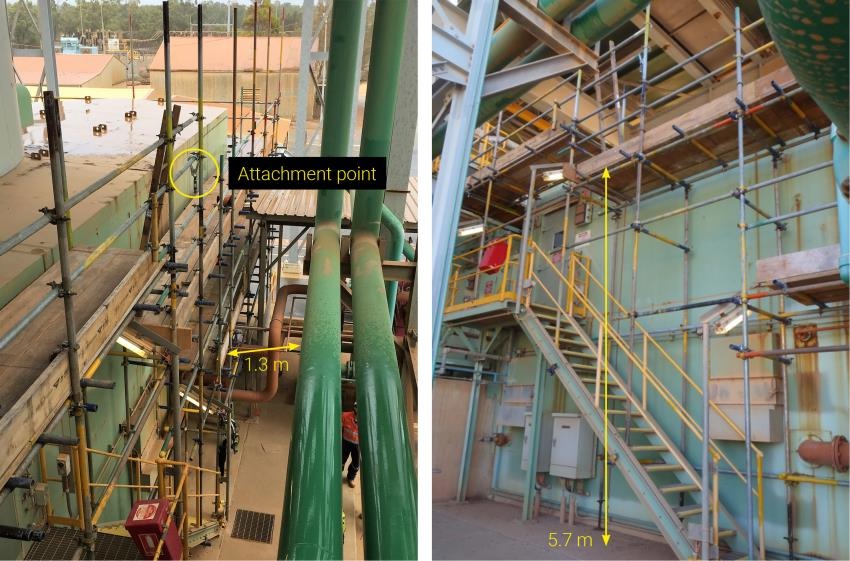 Left: Void between scaffold and pipe support structure. Right: Fall location and height.