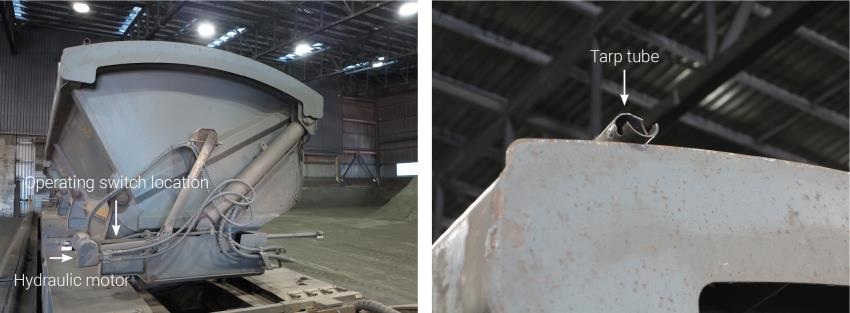 L. Detached motor and swing arm from the tarp tube. R. Fractured end of tarp tube where motor and swing arm attach on tarpaulin covering system
