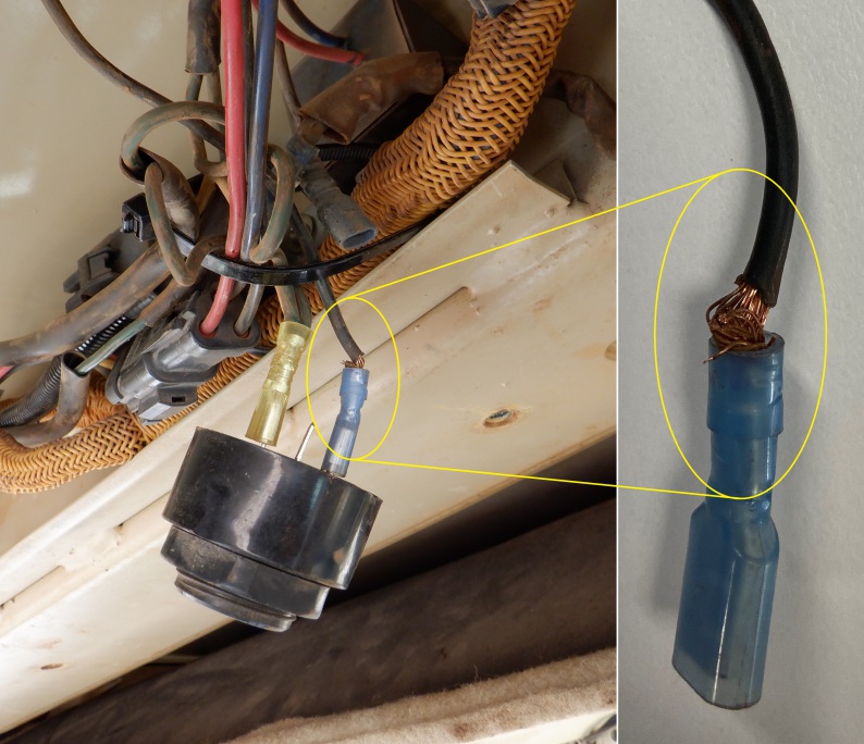 L - Modification (buzzer installation) connected to staircase switching wire. R - Exposed copper at termination that was able to earth on bulldozer bodywork.