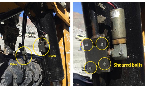 Damaged check valve block. Left: Check valve separated from block. Right: Sheared bolts on check valve block.