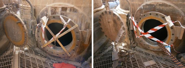 Left: Manway into a digester with mechanical guard fitted. Right: Manway entry for the digester without scaffolding (tape placed by emergency response team).