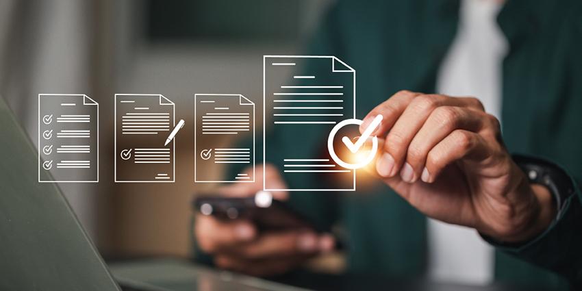 The image shows a person holding a smartphone with digital document icons featuring checkmarks and signatures