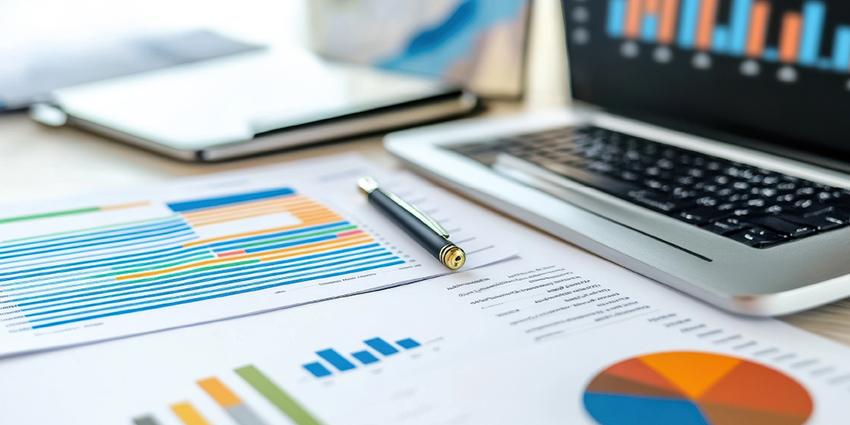 The image shows a desk with printed charts, a pen, and an open laptop displaying data visualisations